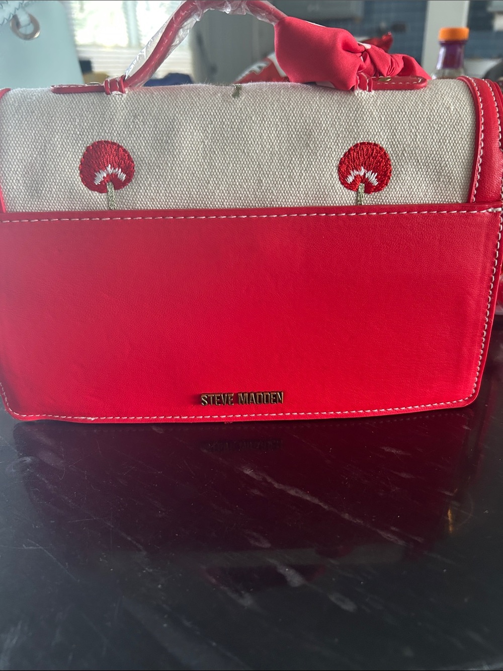 Steve Madden Red & Cream Embroidered Top-Handle Shoulder Bag